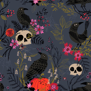 暗黑花卉骷髅乌鸦图案