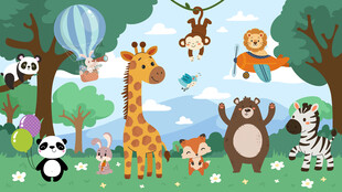 卡通山谷可爱动物乐园儿童背景墙