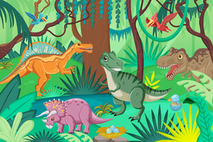 卡通恐龙世界绿色森林儿童背景墙