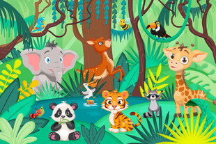 可爱动物世界卡通森林儿童背景墙