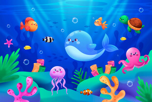 可爱鲸鱼卡通海底动物珊瑚背景墙