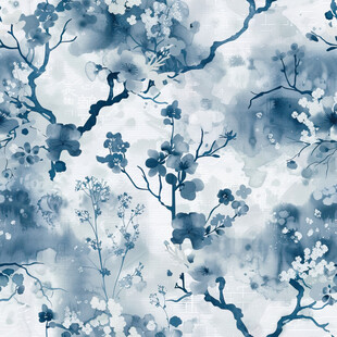 蓝白水墨风花卉枝叶图案