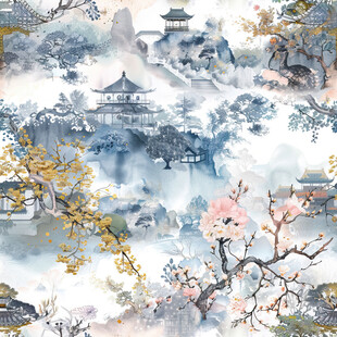 水墨山水间的烂漫花枝