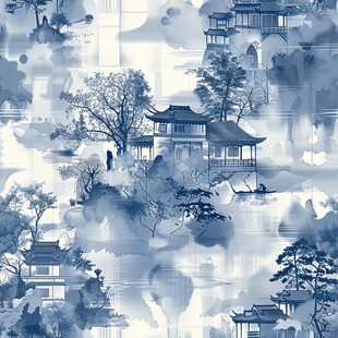 水墨古风山水建筑图景