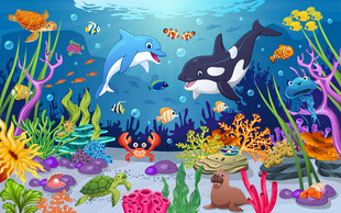 卡通鲸鱼海底景观海洋动物背景墙