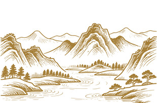 手绘线条山水