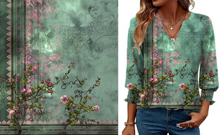 花卉印花V领七分袖上衣