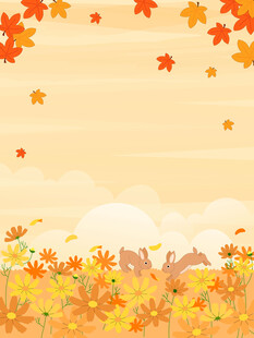 卡通秋天花丛中兔子枫树枫叶插画