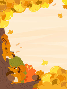 秋天松鼠大树上吃坚果银杏树落叶