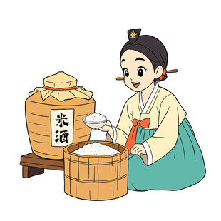 韩服女子制作传统米酒食品