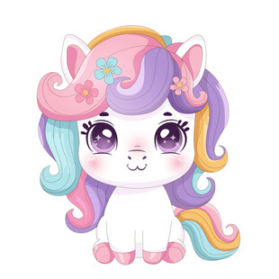 马年大眼睛彩虹小白马童趣插画