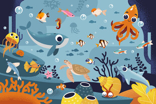 可爱海洋动物卡通鲸鱼海底背景墙
