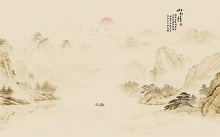 新中式古风国画山水背景墙壁画