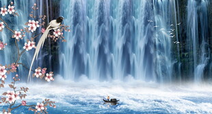 招财瀑布山水画