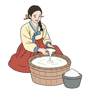 韩服女子专注制作米酒