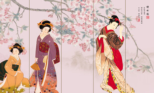 新中式花鸟画侍女图背景画