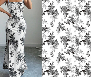 黑白花卉图案修身连衣裙