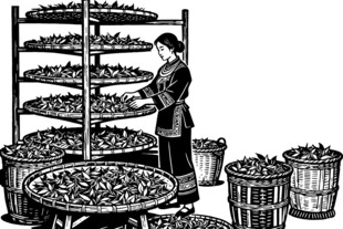 木刻风格黑白剪影晒茶的少女