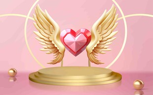 带翼爱心置于金色平台上
