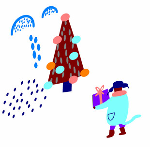 女孩雨中抱礼物靠近圣诞树