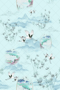 中式山水飞鸟梦幻插画