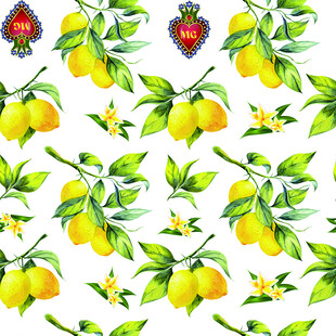 水彩风柠檬草莓花卉图案
