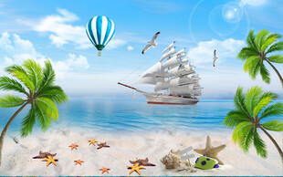 蓝天大海沙滩椰树背景墙