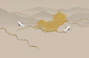 新中式金色山水阁楼壁纸轻奢风背