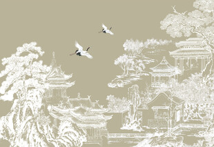 新中式手绘线条肌理古建筑背景墙