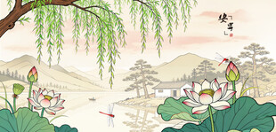 水墨荷塘垂柳诗意景致