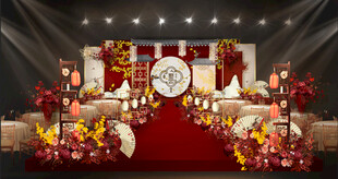 浪漫红金婚礼舞台布置分层素材