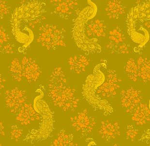 黄绿底色孔雀花卉图案