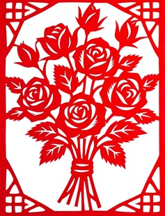 红色剪纸风玫瑰花束图案