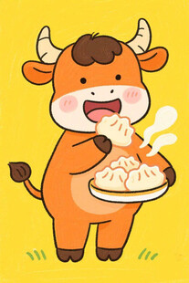 卡通小牛端饺子