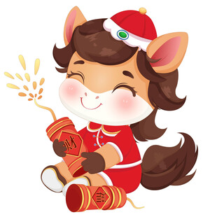 春节吉祥物小马驹拿鞭炮烟花插画