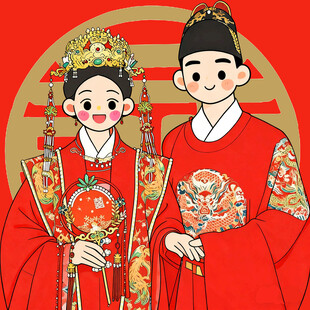 中式喜庆婚纱情侣手绘