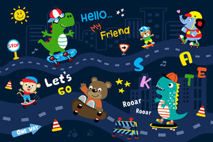 可爱动物卡通城市滑板儿童背景墙