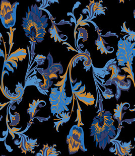 大牌蓝黄花卉黑色底纹图案