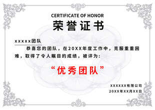 优秀团队荣誉证书