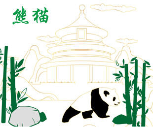 熊猫于竹林古建筑旁嬉戏