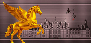 金色飞马城市背景下的奇幻