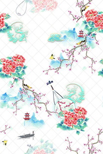 中式花鸟水彩图案设计