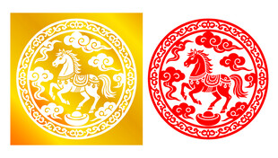 圆形马年剪纸金色马窗花