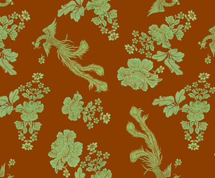 橙底绿纹中式花鸟图案