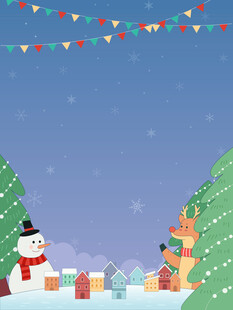 雪天冬季圣诞节圣诞树驯鹿插画