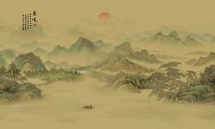 新中式水墨国画山水背景墙壁画