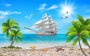 蓝天大海沙滩椰树背景墙