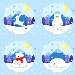 北极动物冬日雪景插画