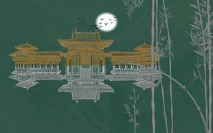 古风悬浮楼阁月夜美景