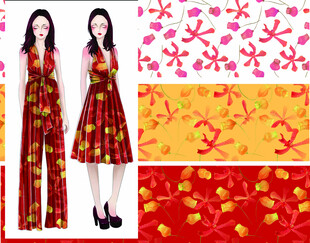 中式印花连衣裙面料展示